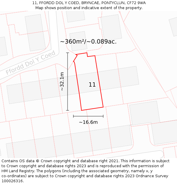 11, FFORDD DOL Y COED, BRYNCAE, PONTYCLUN, CF72 9WA: Plot and title map