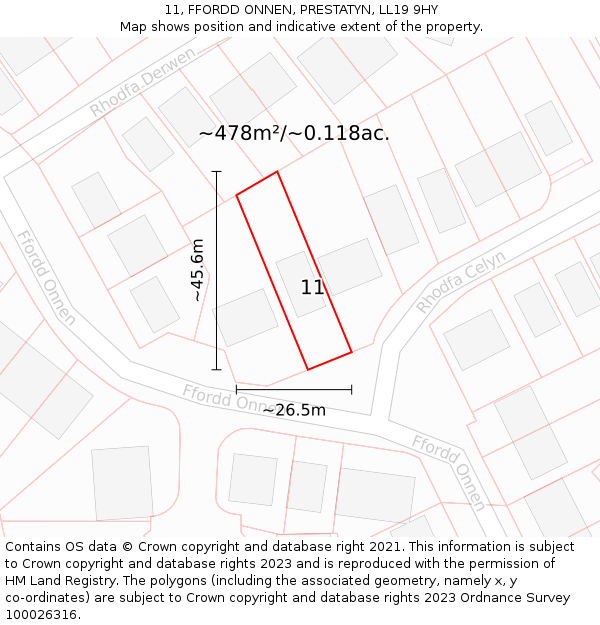 11, FFORDD ONNEN, PRESTATYN, LL19 9HY: Plot and title map