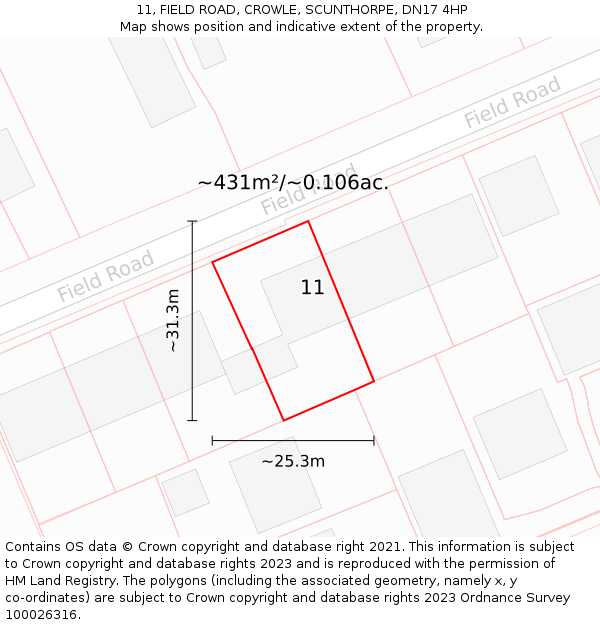 11, FIELD ROAD, CROWLE, SCUNTHORPE, DN17 4HP: Plot and title map