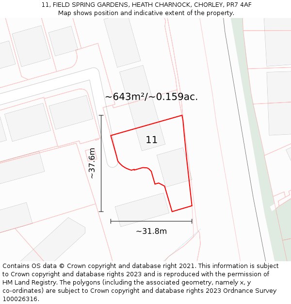 11, FIELD SPRING GARDENS, HEATH CHARNOCK, CHORLEY, PR7 4AF: Plot and title map