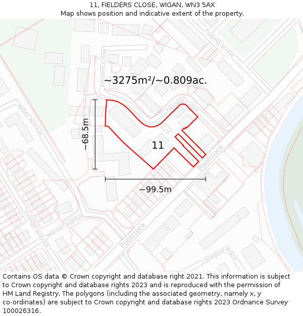 11, FIELDERS CLOSE, WIGAN, WN3 5AX: Plot and title map