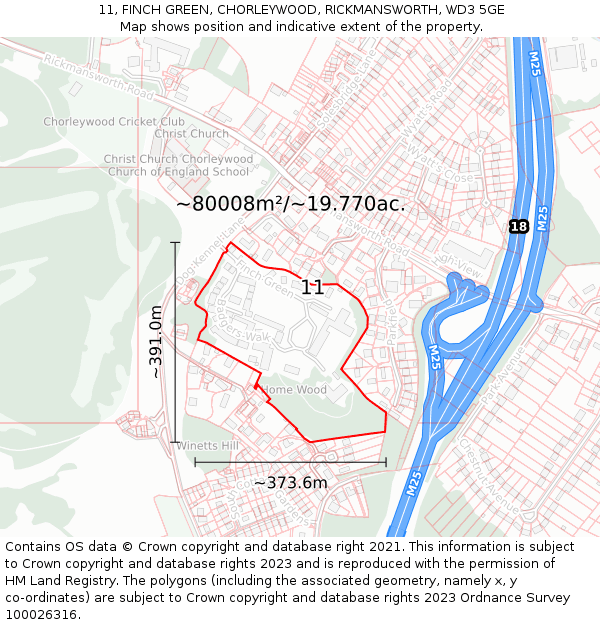 11, FINCH GREEN, CHORLEYWOOD, RICKMANSWORTH, WD3 5GE: Plot and title map