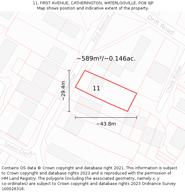 11, FIRST AVENUE, CATHERINGTON, WATERLOOVILLE, PO8 0JP: Plot and title map