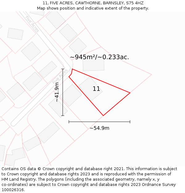 11, FIVE ACRES, CAWTHORNE, BARNSLEY, S75 4HZ: Plot and title map