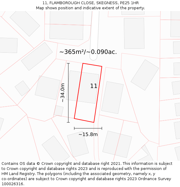 11, FLAMBOROUGH CLOSE, SKEGNESS, PE25 1HR: Plot and title map