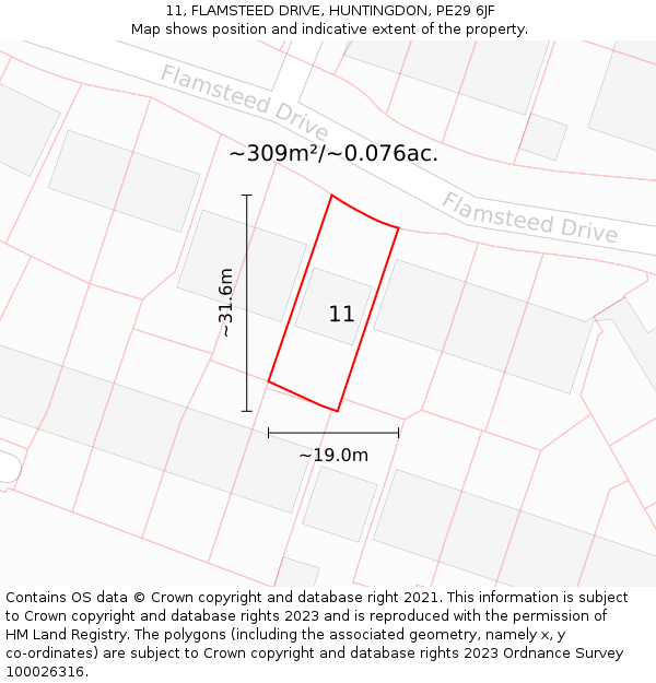 11, FLAMSTEED DRIVE, HUNTINGDON, PE29 6JF: Plot and title map