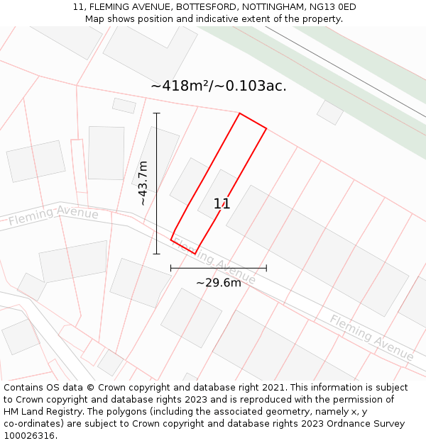 11, FLEMING AVENUE, BOTTESFORD, NOTTINGHAM, NG13 0ED: Plot and title map