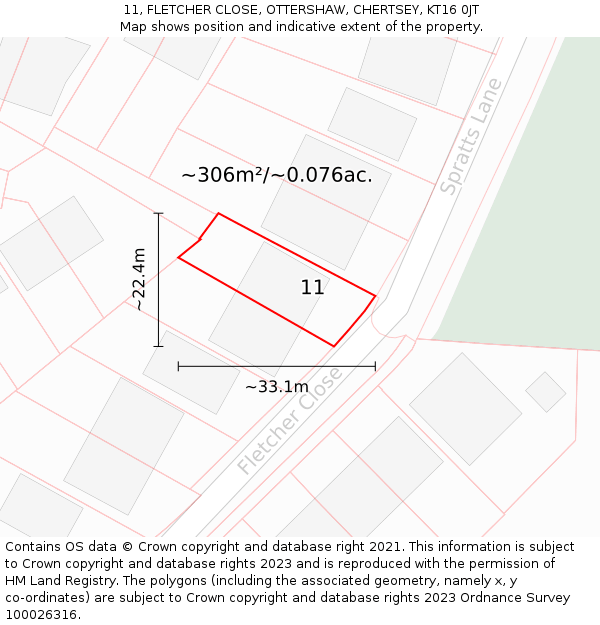 11, FLETCHER CLOSE, OTTERSHAW, CHERTSEY, KT16 0JT: Plot and title map