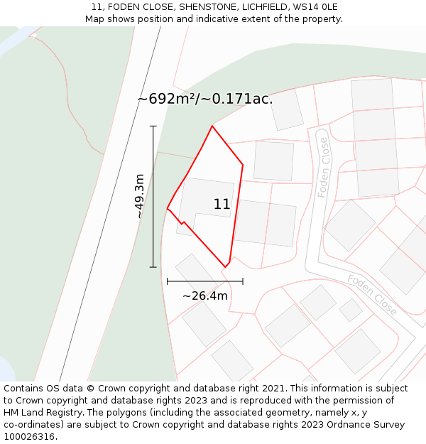 11, FODEN CLOSE, SHENSTONE, LICHFIELD, WS14 0LE: Plot and title map