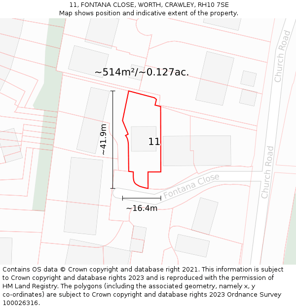 11, FONTANA CLOSE, WORTH, CRAWLEY, RH10 7SE: Plot and title map