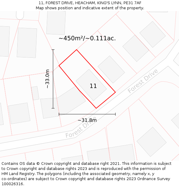 11, FOREST DRIVE, HEACHAM, KING'S LYNN, PE31 7AF: Plot and title map