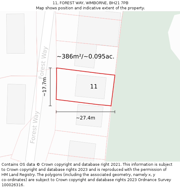 11, FOREST WAY, WIMBORNE, BH21 7PB: Plot and title map