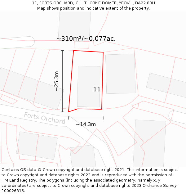 11, FORTS ORCHARD, CHILTHORNE DOMER, YEOVIL, BA22 8RH: Plot and title map