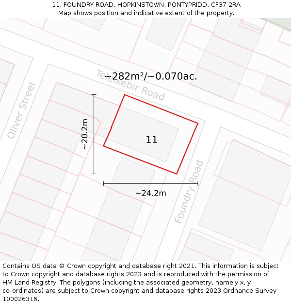 11, FOUNDRY ROAD, HOPKINSTOWN, PONTYPRIDD, CF37 2RA: Plot and title map