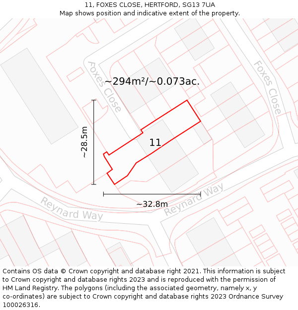 11, FOXES CLOSE, HERTFORD, SG13 7UA: Plot and title map