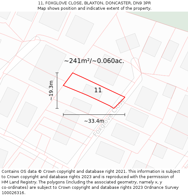11, FOXGLOVE CLOSE, BLAXTON, DONCASTER, DN9 3PR: Plot and title map