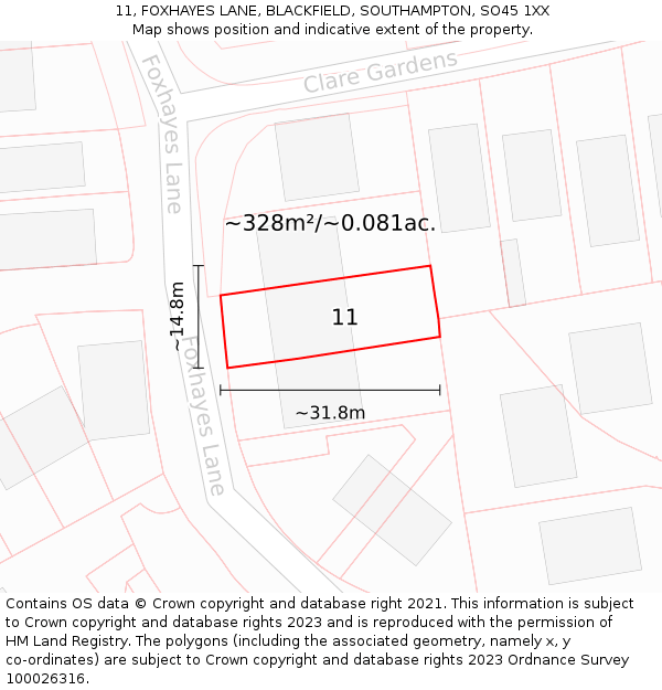 11, FOXHAYES LANE, BLACKFIELD, SOUTHAMPTON, SO45 1XX: Plot and title map