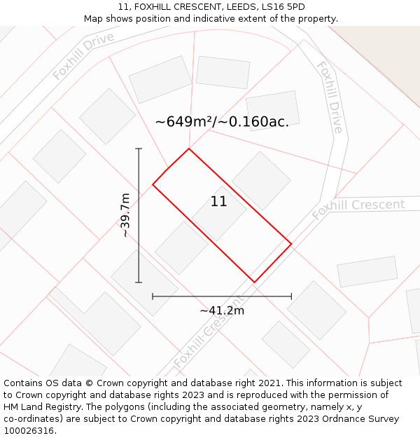 11, FOXHILL CRESCENT, LEEDS, LS16 5PD: Plot and title map