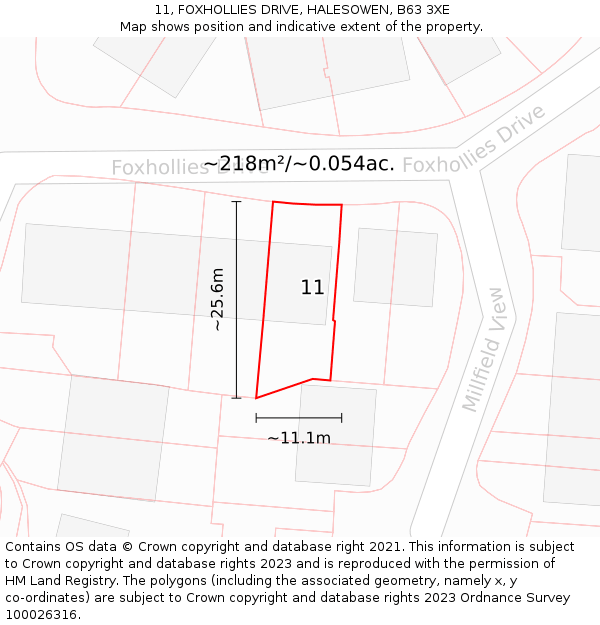 11, FOXHOLLIES DRIVE, HALESOWEN, B63 3XE: Plot and title map