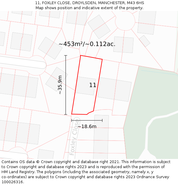 11, FOXLEY CLOSE, DROYLSDEN, MANCHESTER, M43 6HS: Plot and title map