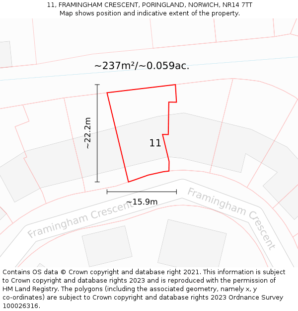 11, FRAMINGHAM CRESCENT, PORINGLAND, NORWICH, NR14 7TT: Plot and title map