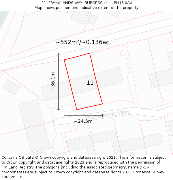 11, FRANKLANDS WAY, BURGESS HILL, RH15 0AX: Plot and title map