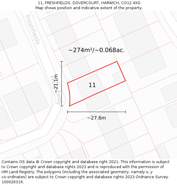 11, FRESHFIELDS, DOVERCOURT, HARWICH, CO12 4XG: Plot and title map