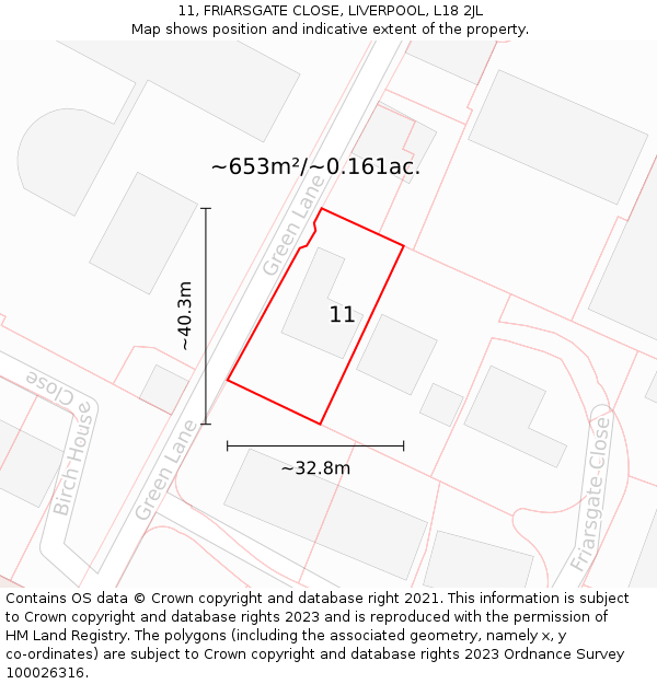 11, FRIARSGATE CLOSE, LIVERPOOL, L18 2JL: Plot and title map