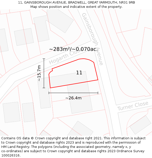 11, GAINSBOROUGH AVENUE, BRADWELL, GREAT YARMOUTH, NR31 9RB: Plot and title map