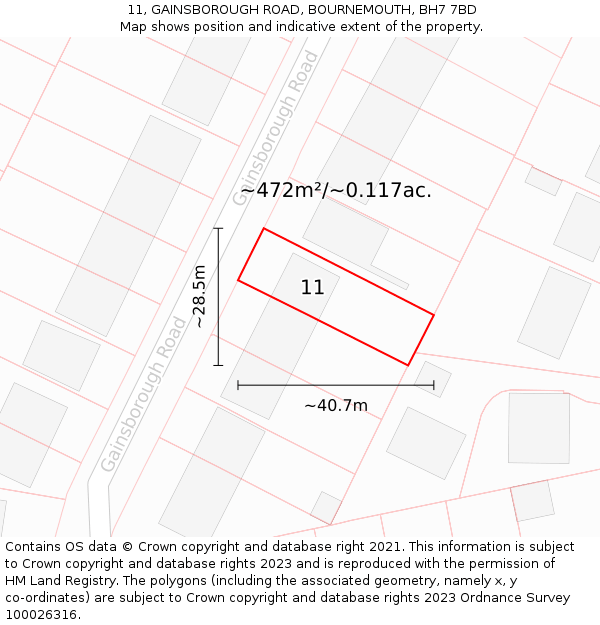 11, GAINSBOROUGH ROAD, BOURNEMOUTH, BH7 7BD: Plot and title map