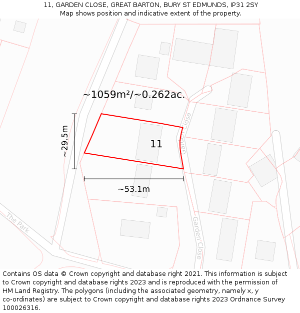 11, GARDEN CLOSE, GREAT BARTON, BURY ST EDMUNDS, IP31 2SY: Plot and title map