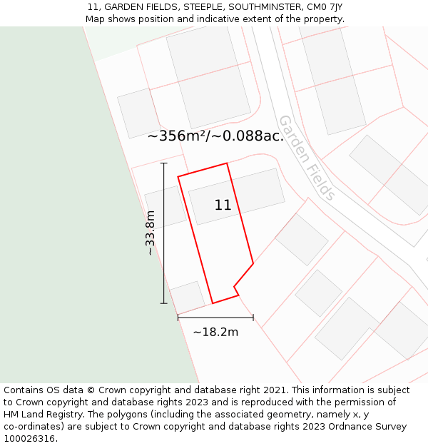 11, GARDEN FIELDS, STEEPLE, SOUTHMINSTER, CM0 7JY: Plot and title map