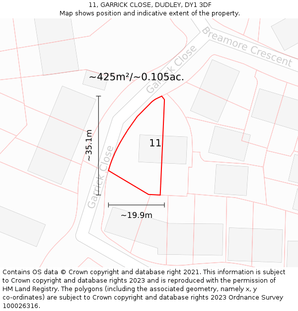 11, GARRICK CLOSE, DUDLEY, DY1 3DF: Plot and title map