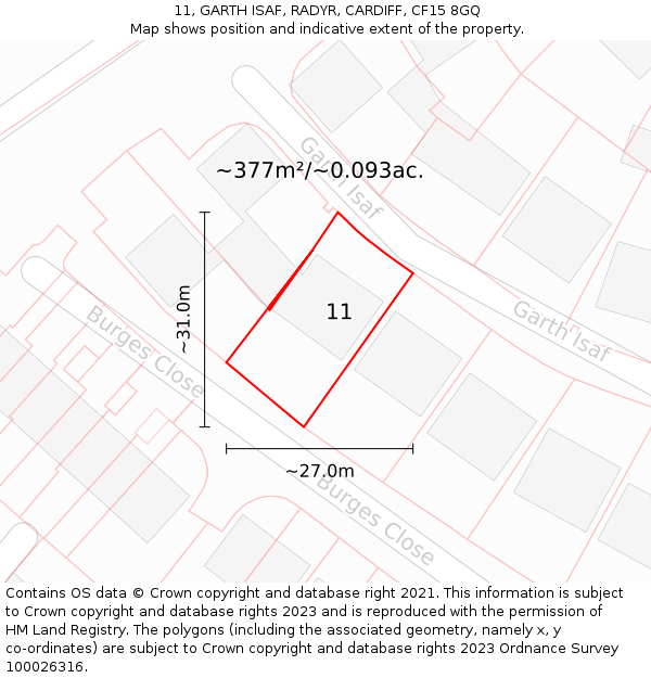 11, GARTH ISAF, RADYR, CARDIFF, CF15 8GQ: Plot and title map