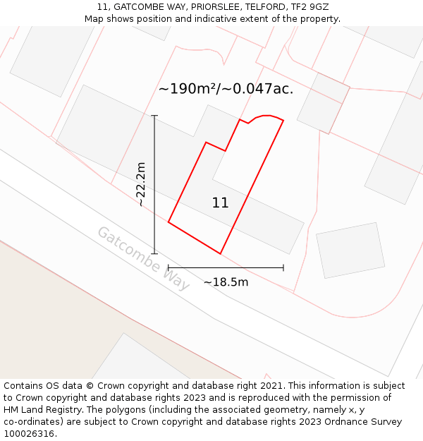 11, GATCOMBE WAY, PRIORSLEE, TELFORD, TF2 9GZ: Plot and title map
