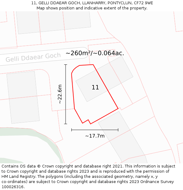 11, GELLI DDAEAR GOCH, LLANHARRY, PONTYCLUN, CF72 9WE: Plot and title map