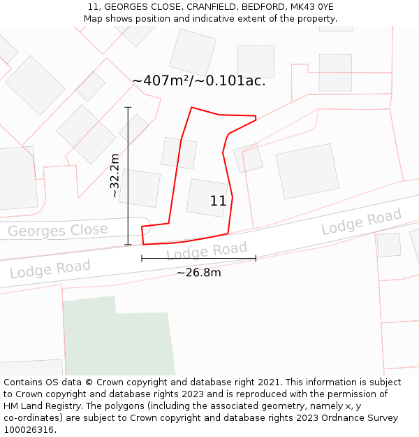 11, GEORGES CLOSE, CRANFIELD, BEDFORD, MK43 0YE: Plot and title map