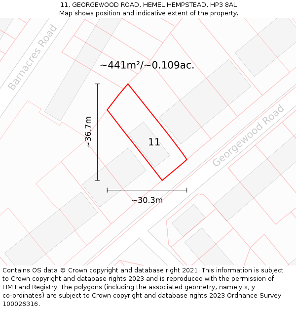 11, GEORGEWOOD ROAD, HEMEL HEMPSTEAD, HP3 8AL: Plot and title map