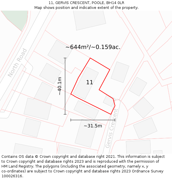 11, GERVIS CRESCENT, POOLE, BH14 0LR: Plot and title map