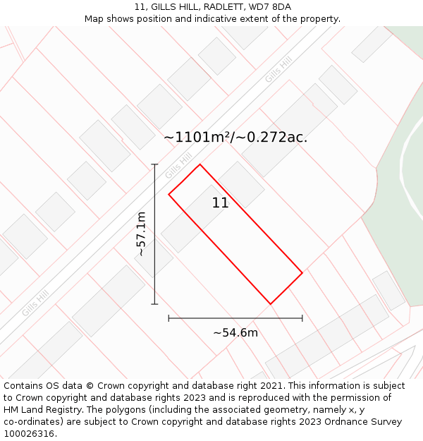 11, GILLS HILL, RADLETT, WD7 8DA: Plot and title map