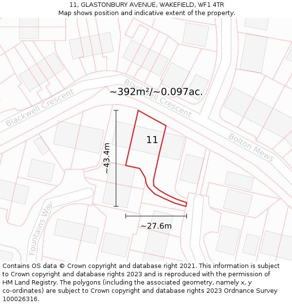 11, GLASTONBURY AVENUE, WAKEFIELD, WF1 4TR: Plot and title map