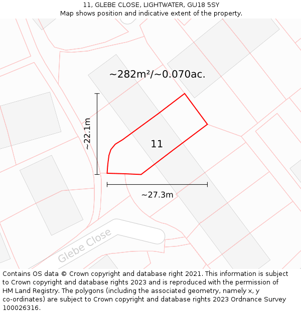 11, GLEBE CLOSE, LIGHTWATER, GU18 5SY: Plot and title map