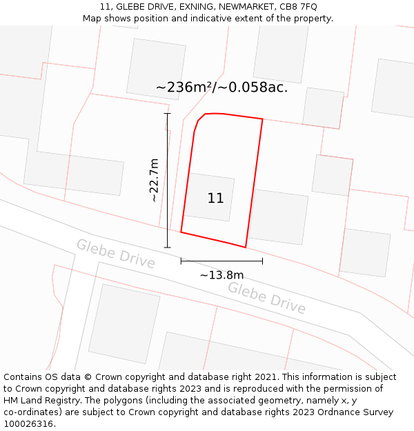 11, GLEBE DRIVE, EXNING, NEWMARKET, CB8 7FQ: Plot and title map