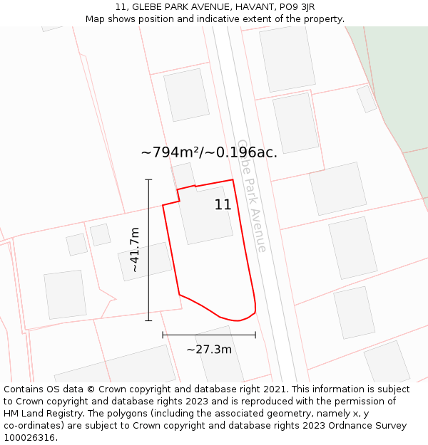 11, GLEBE PARK AVENUE, HAVANT, PO9 3JR: Plot and title map