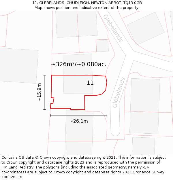 11, GLEBELANDS, CHUDLEIGH, NEWTON ABBOT, TQ13 0GB: Plot and title map