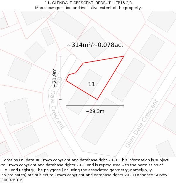 11, GLENDALE CRESCENT, REDRUTH, TR15 2JR: Plot and title map