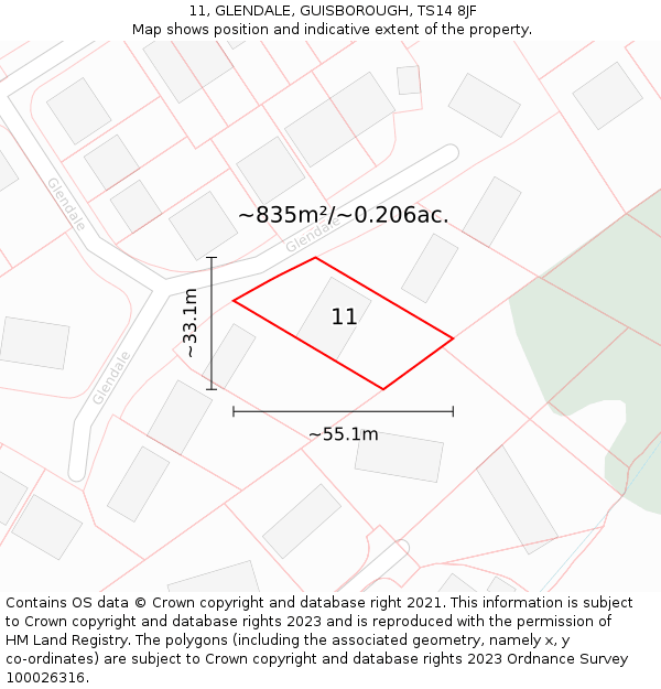 11, GLENDALE, GUISBOROUGH, TS14 8JF: Plot and title map