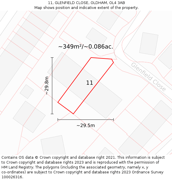 11, GLENFIELD CLOSE, OLDHAM, OL4 3AB: Plot and title map