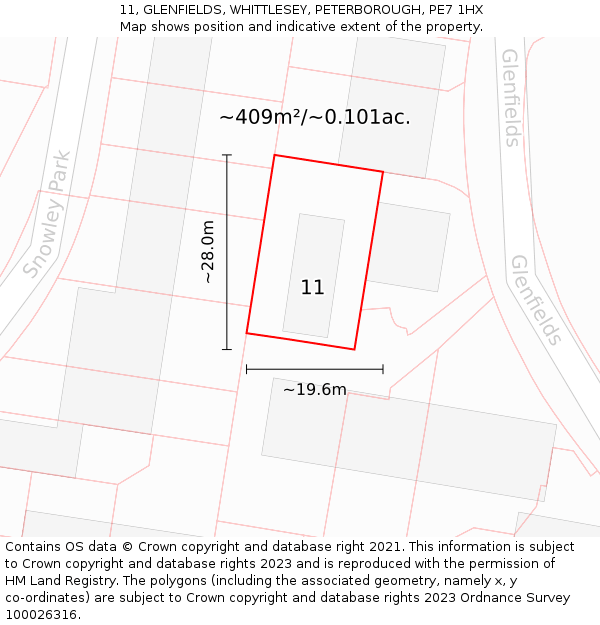 11, GLENFIELDS, WHITTLESEY, PETERBOROUGH, PE7 1HX: Plot and title map