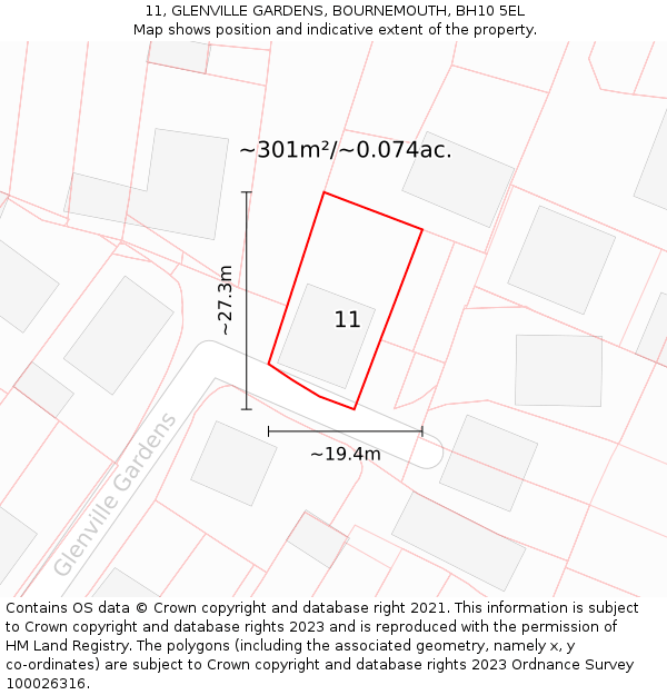 11, GLENVILLE GARDENS, BOURNEMOUTH, BH10 5EL: Plot and title map